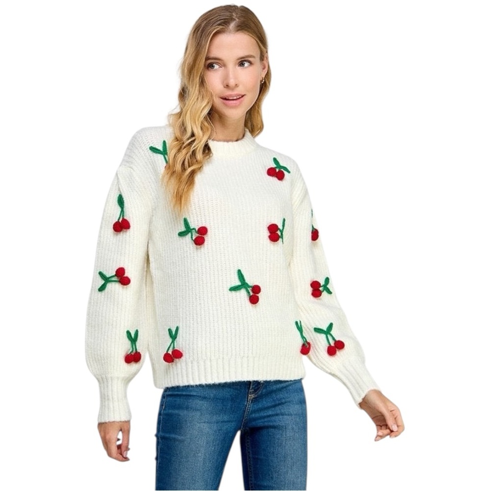 White Cherry Pom Pom Sweater Cute Fruit Knit Pullover (S/M/L)